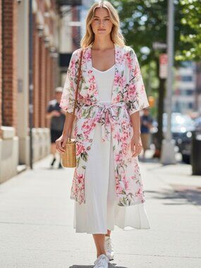 Show Me Your MuMu Floral Watercolor Kimono Robe Tie Waist Pink Green One Size